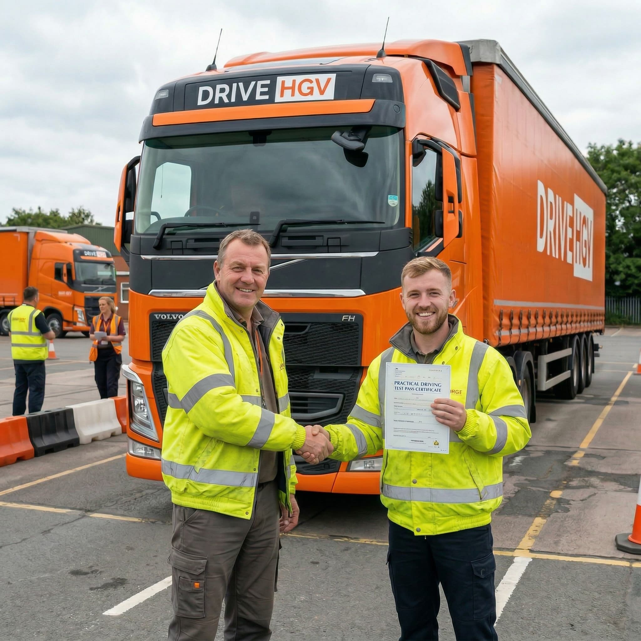 Drive HGV learner and instructor celebrating a driving test pass