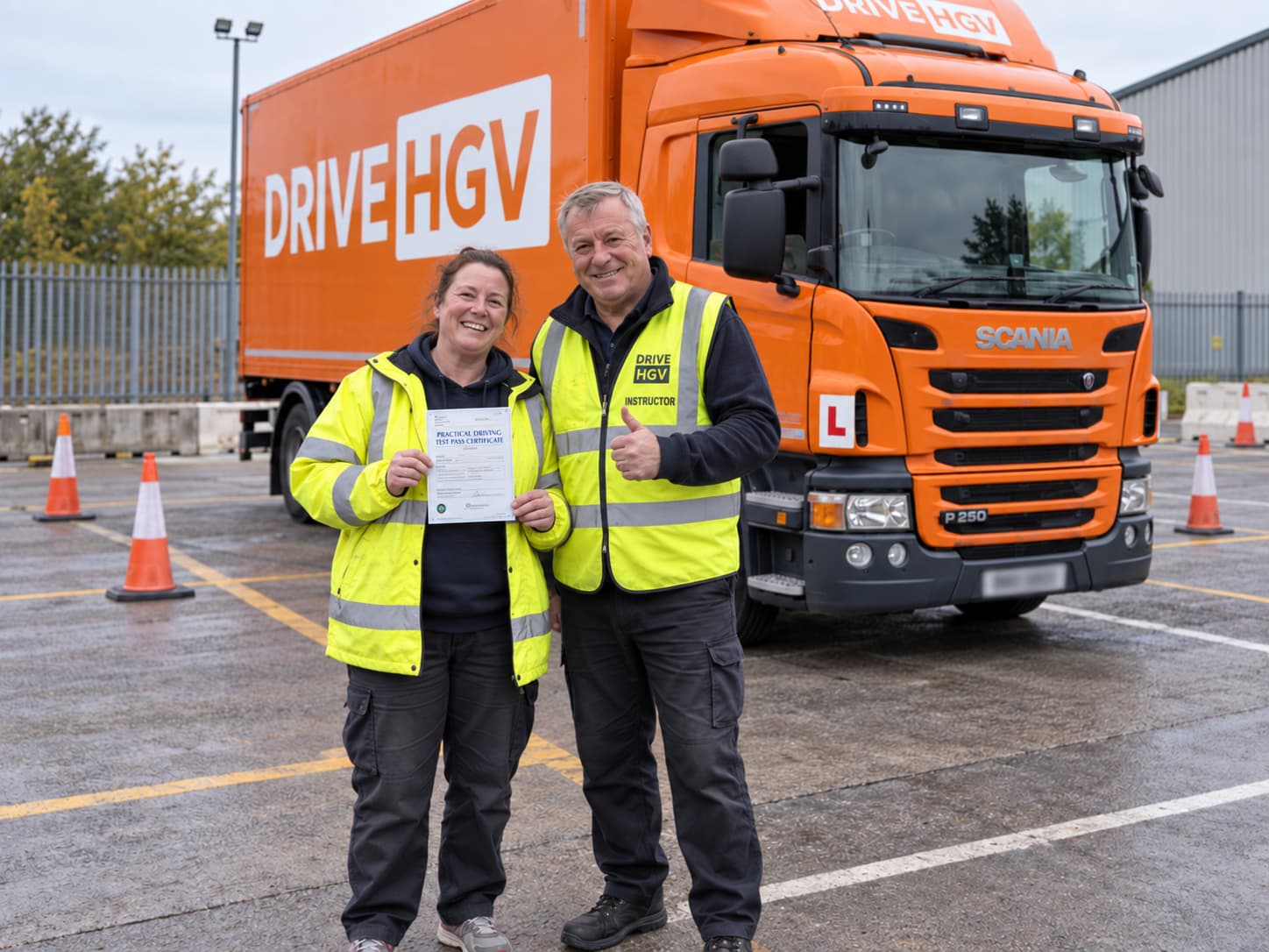 Dawn holding her Category C test pass certificate beside a Drive HGV instructor and orange training lorry