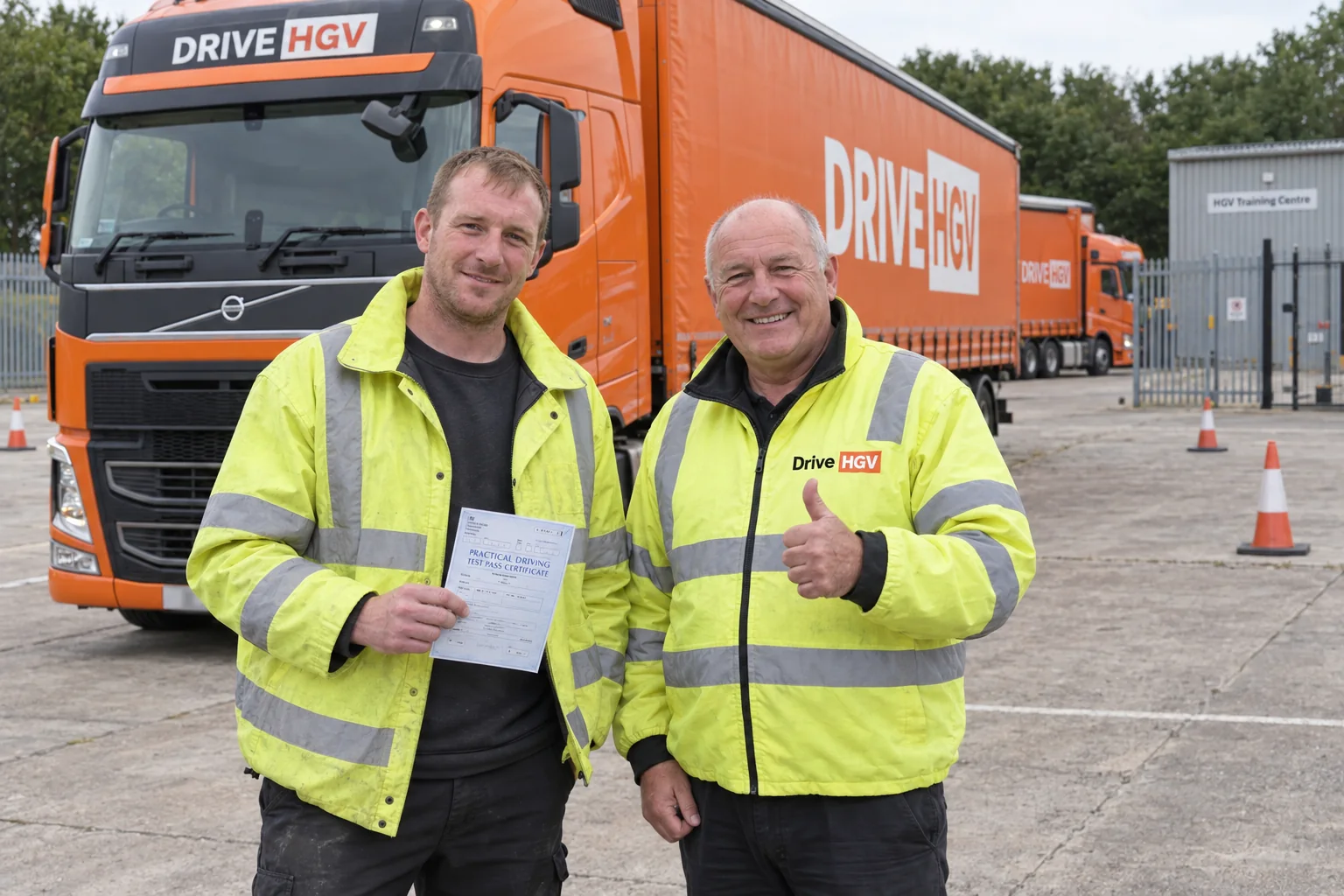 A learner holding a practical driving test pass certificate beside a Drive HGV instructor and orange training truck